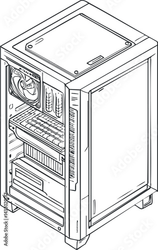 Black and white line drawing of a desktop computer tower showing internal components and external case design