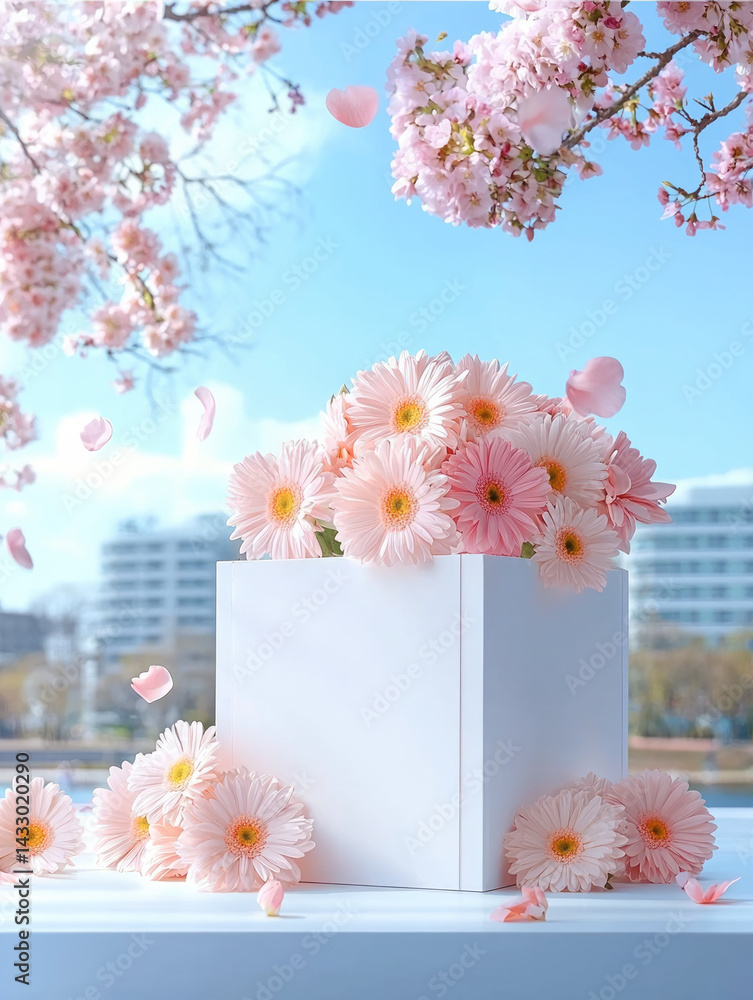 beautiful arrangement of pink gerbera daisies in white box, surrounded by delicate flower petals and serene blue sky. scene evokes sense of tranquility and joy