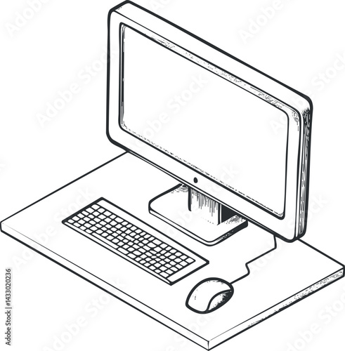 Black and white sketch of a desktop computer with monitor keyboard and mouse on a desk