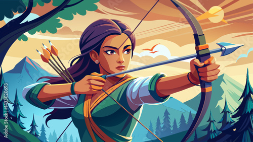 Young woman is practicing archery outdoors, aiming a bow with arrows in a quiver.