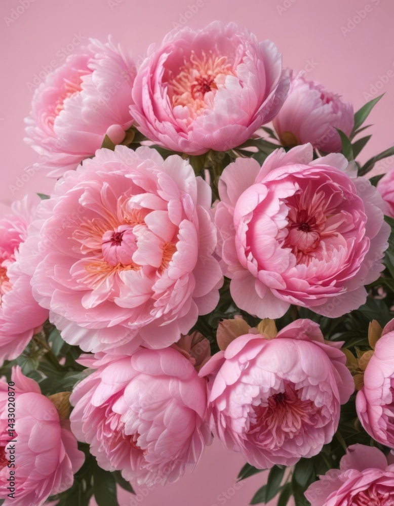 Obraz premium Tightly packed pink peonies, subtle pink background, petals, cluster, soft
