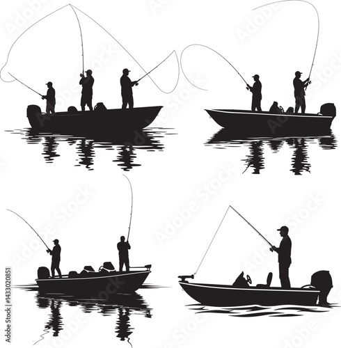 Fishing From Boat Pair Anglers In Boats Silhouettes