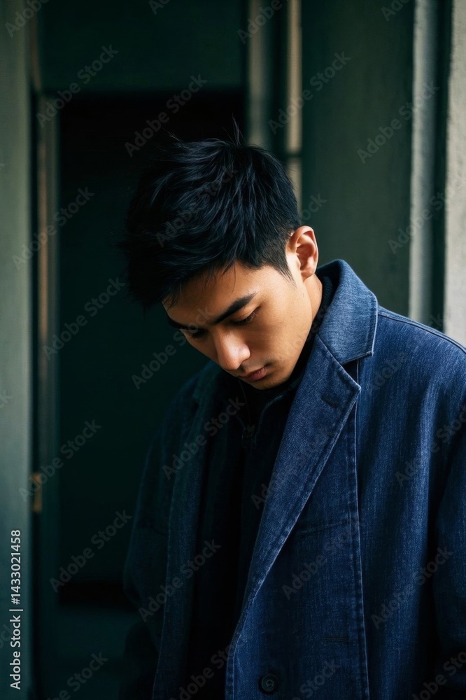 arafed man in a blue jacket looking down at his cell phone arafed man in a blue jacket looking down at his cell phone