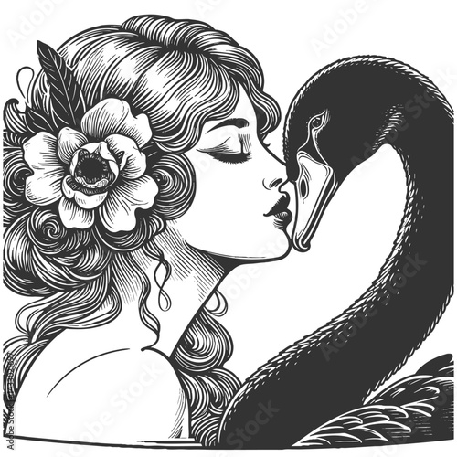 woman tenderly kissing a black swan, symbolizing intimacy with chaos, mystery, or rare events sketch engraving generative ai vector illustration. Scratch board imitation. Black and white image.