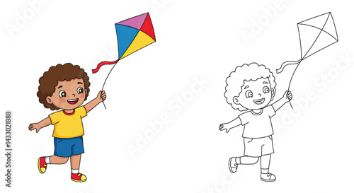 Soaring Dreams: A cheerful child joyfully flies a colorful kite against the boundless sky, the image representing freedom and innocence