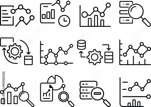 Data Analytics and Graph Icons Se.  Line Chart, SEO, Database, and Magnifying Vector Symbols