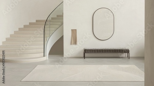 Modern neutral entryway with curved staircase