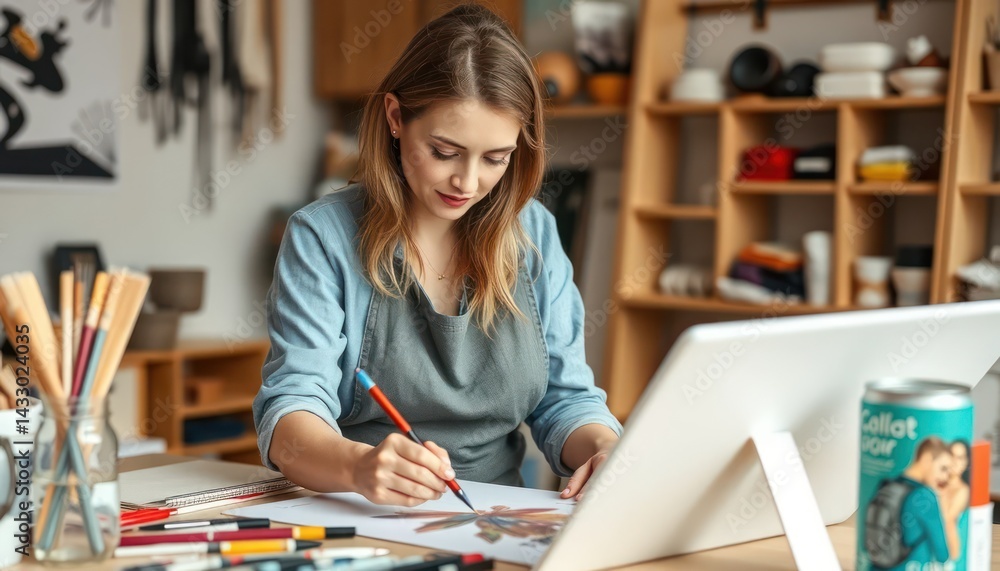 Woman drawing on a tablet in a creative studio Woman drawing on a tablet in a creative studio