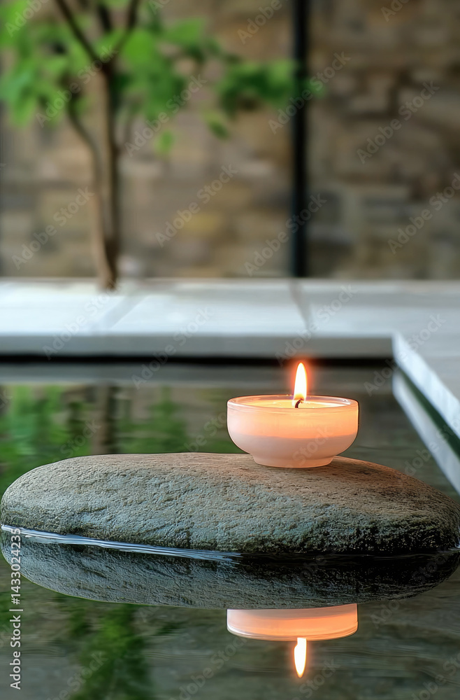 serene scene featuring lit candle placed on smooth stone, reflecting beautifully in still water. tranquil atmosphere is enhanced by natural surroundings, creating peaceful ambiance