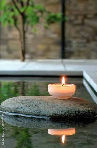 Obraz na płótnie serene scene featuring lit candle placed on smooth stone, reflecting beautifully in still water. tranquil atmosphere is enhanced by natural surroundings, creating peaceful ambiance w salonie