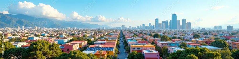 Obraz premium Bright cityscape filled with colorful buildings and solar PV panels, city background, urban scene, modern