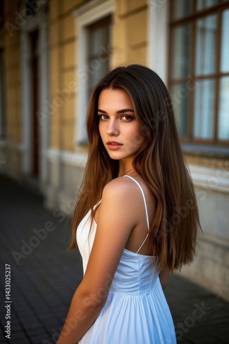 arafed woman in a white dress standing in front of a building Free Download arafed woman in a white dress standing in front of a building - GFXLoad