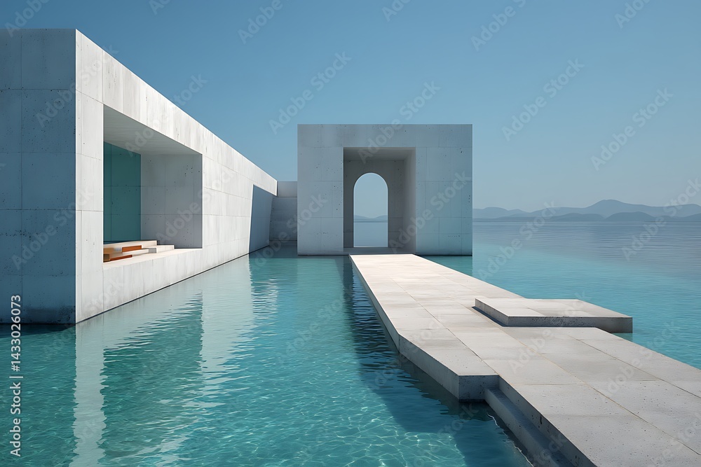 Obraz premium Modern minimalist architecture with clean lines and geometric shapes, set against a tranquil natural backdrop.
