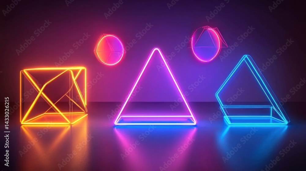 Neon geometric shapes in a dark room Neon geometric shapes in a dark room