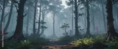 Eerie holographic forest, spectral plants, alien atmosphere , art, surreal, setting