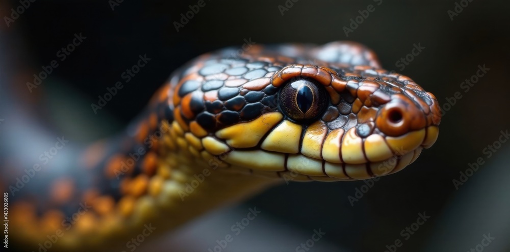 Snake's head with prominent scales, small eyes, and a thin neck, in a close-up view, blue, serpent Snake's head with prominent scales, small eyes, and a thin neck, in a close-up view, blue, serpent