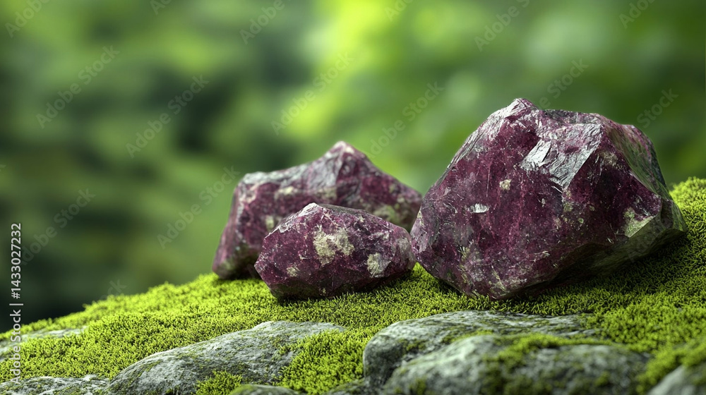 Beautiful burgundy rough stones lie in green moss, beauty of nature, a blurred green background, a banner with beautiful stones Beautiful burgundy rough stones lie in green moss, beauty of nature, a blurred green background, a banner with beautiful stones