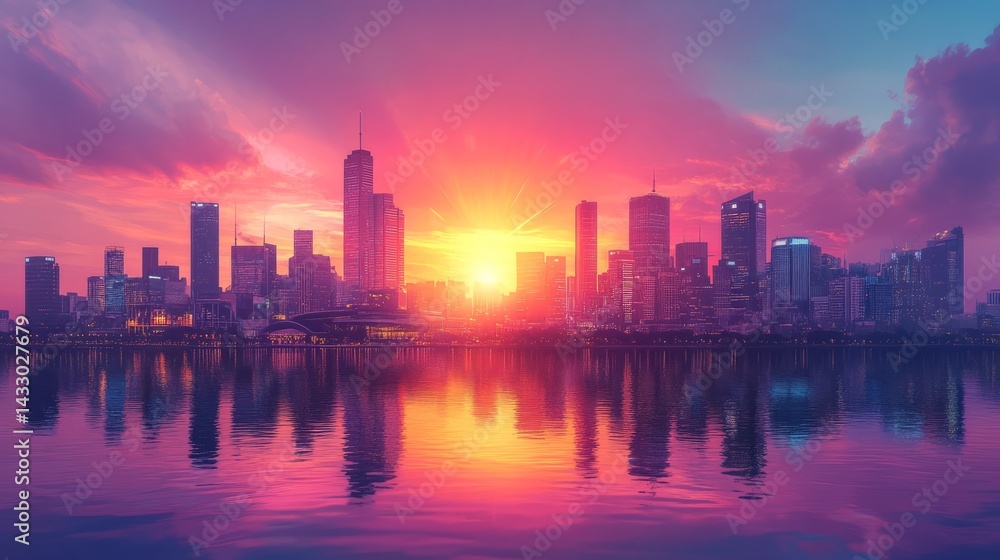 Fototapeta premium Flat design of a city skyline at sunset with soft gradient colors