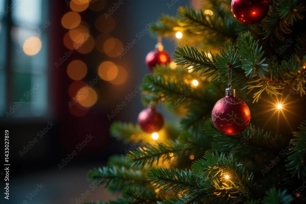 Evergreen Christmas tree with sparkling lights, baubles and ornaments in a warm glow, Blurred Lights, Foliage Evergreen Christmas tree with sparkling lights, baubles and ornaments in a warm glow, Blurred Lights, Foliage