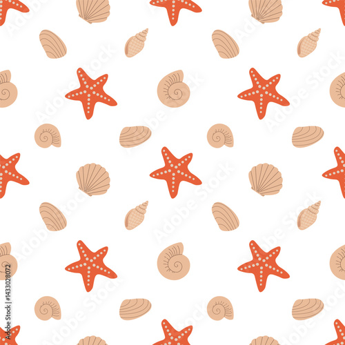 Hand-drawn sea shells, fossils, starfish cartoon flat vector seamless pattern. Summer beach seaside print. Repeating print with ocean underwater animals. Seashore elements texture.