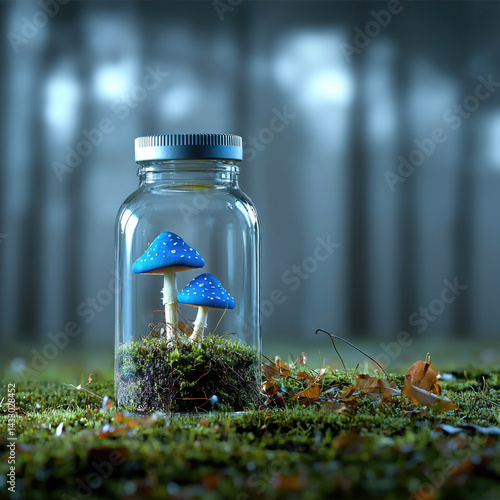 Obraz na płótnie captivating blue mushroom scene inside glass jar, set against blurred forest background. vibrant colors and serene atmosphere evoke sense of wonder and tranquility w salonie