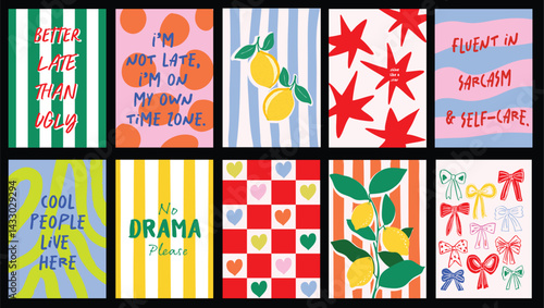 Playful and colorful doodle-style prints featuring stripes, dots, bows, background and fun quotes. Bright, funky artwork perfect for home or kitchen decor, postcards, banners, or t-shirt graphics