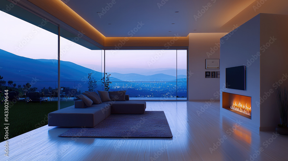 modern interior view showcasing spacious living room with cozy sofa, large windows revealing stunning mountain landscape at dusk, and warm fireplace. ambiance is serene and inviting