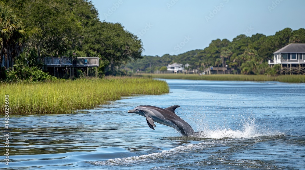 Fototapeta premium Coastal waterway scene featuring playful dolphins.