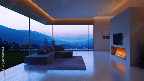 Obraz na płótnie modern interior view showcasing spacious living room with cozy sofa, large windows revealing stunning mountain landscape at dusk, and warm fireplace. ambiance is serene and inviting w salonie