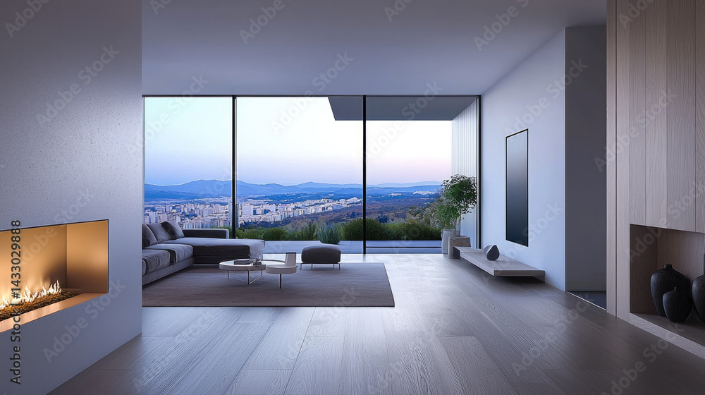 modern interior view showcasing spacious living room with large windows offering stunning outdoor landscape. minimalist design features cozy fireplace, sleek furniture, and serene atmosphere