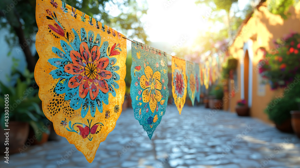 Obraz premium Papel Picado Banners Colorful cut paper hangs across sunny street; fiesta, celebration, Mexico.