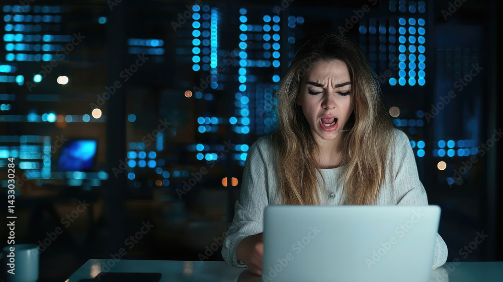 frustrated female designer works late at night on laptop, surrounded by modern, illuminated workspace. blue light from screen reflects her emotions as she struggles with her project