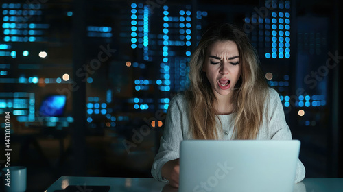 Obraz na płótnie frustrated female designer works late at night on laptop, surrounded by modern, illuminated workspace. blue light from screen reflects her emotions as she struggles with her project w salonie