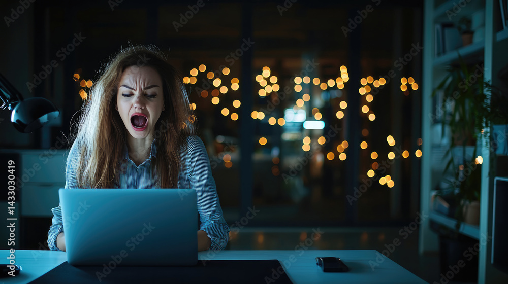Angry female designer yelling at laptop in dimly lit room with bokeh lights in background, expressing frustration and stress while working late at night