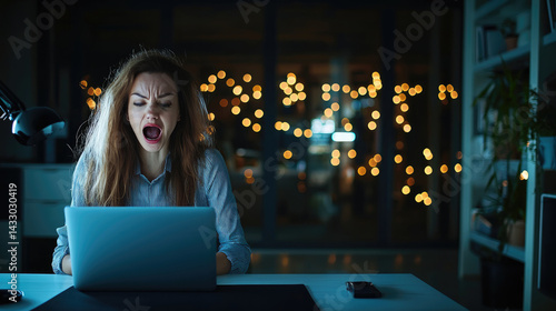 Obraz na płótnie Angry female designer yelling at laptop in dimly lit room with bokeh lights in background, expressing frustration and stress while working late at night w salonie