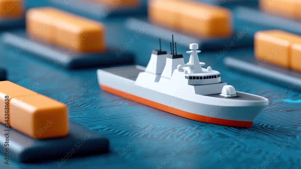 A 3D model of a cargo ship navigating through a digital landscape with shipping containers, representing logistics and maritime transport. A 3D model of a cargo ship navigating through a digital landscape with shipping containers, representing logistics and maritime transport.