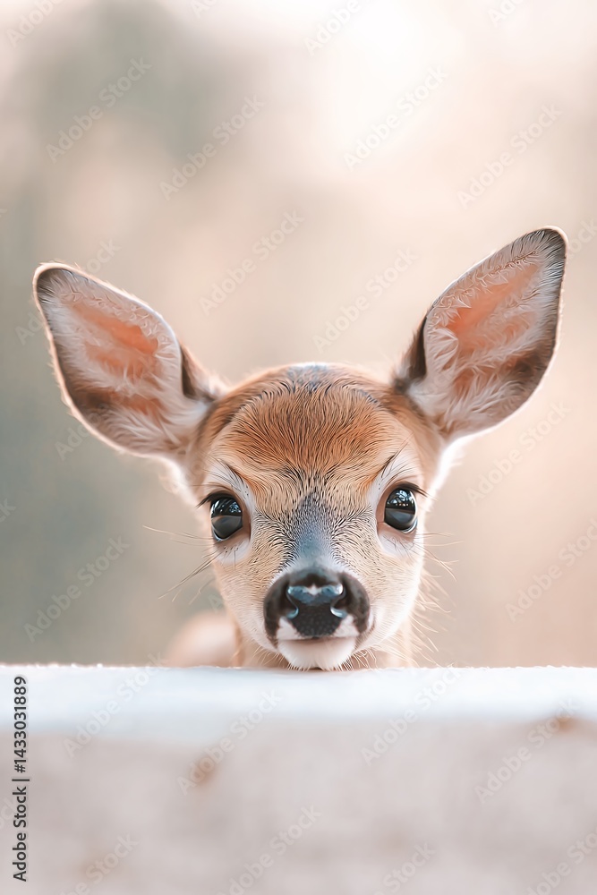 Fototapeta premium Close-up of a Charming Fawn Leaning on a White Surface with Gentle Lighting