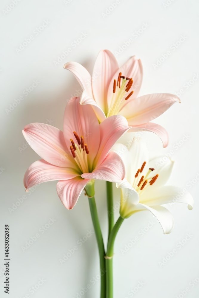 Fototapeta premium Minimalist composition of delicate easter lilies on white backdrop, floral, petals, seasonal