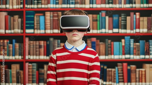 Wallpaper Mural Young Child Enjoying Virtual Reality Experience While Standing in Front of Colorful Bookshelf in Library Setting Torontodigital.ca