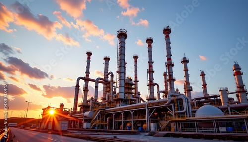 Refinery silhouette against a vibrant sunset sky showcasing industrial power and engineering