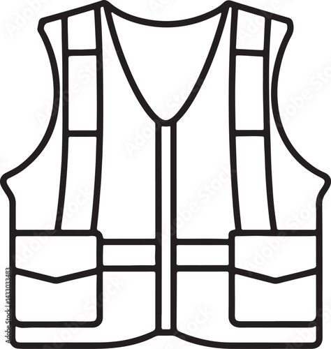 fluorescent safety waistcoat line art, black outline, vector and illustration, coloring book page line art drawing