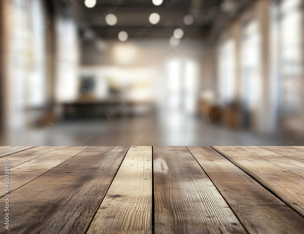 A close up of a wooden table with a blurred background of a modern, industrial-style interior. The warm wooden texture contrasts with the soft, ambient light in the space A close up of a wooden table with a blurred background of a modern, industrial-style interior. The warm wooden texture contrasts with the soft, ambient light in the space