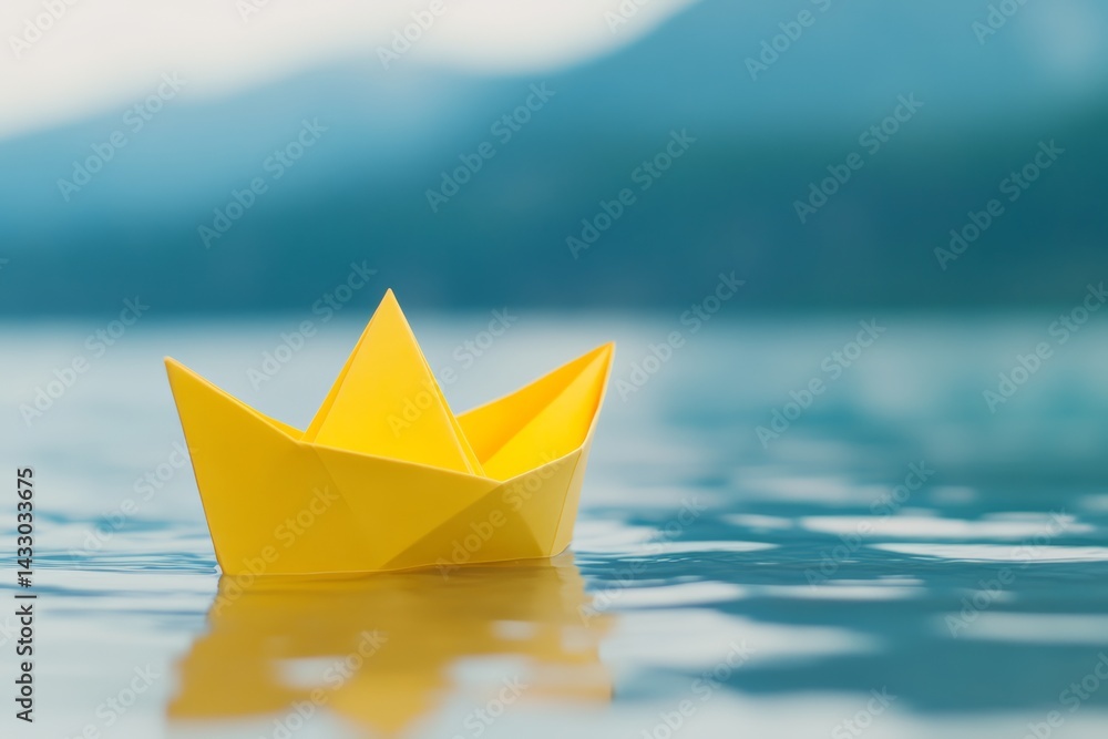 Bright Yellow Paper Boat Floating on Calm Water with Soft Focus Mountains in Background