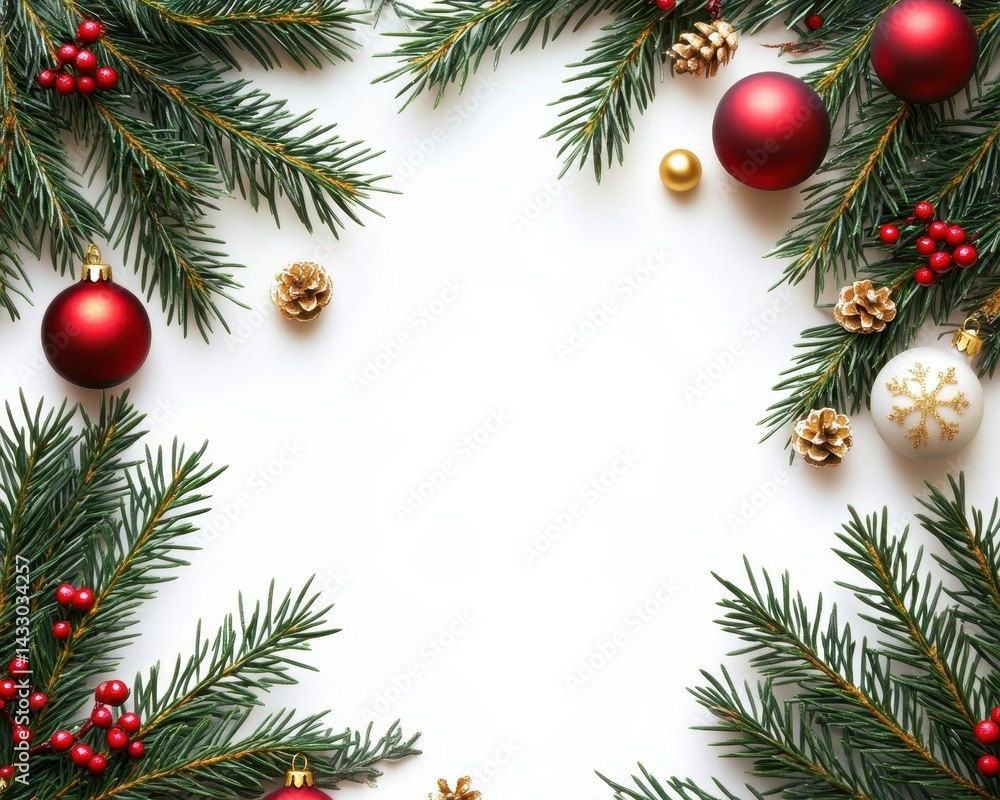Christmas Element: Festive Holiday Decoration with Fir Tree Branches and Ornaments on White Background Christmas Element: Festive Holiday Decoration with Fir Tree Branches and Ornaments on White Background