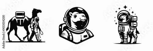 Camel in astronaut costume. Animal Space suit universe galaxy cartoon character clipart. Desert ungulate suit celestial adventure cosmic travel theme.