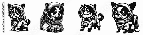Chihuahua Dog in astronaut costume. Animal Space suit universe galaxy cartoon character clipart. Tiny canine spacesuit attire celestial adventure pet cosmic explorer.