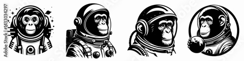 Chimpanzee in astronaut costume. Animal Space suit universe galaxy cartoon character clipart. Primate spacewalk garb ape wearing celestial explorer attire.