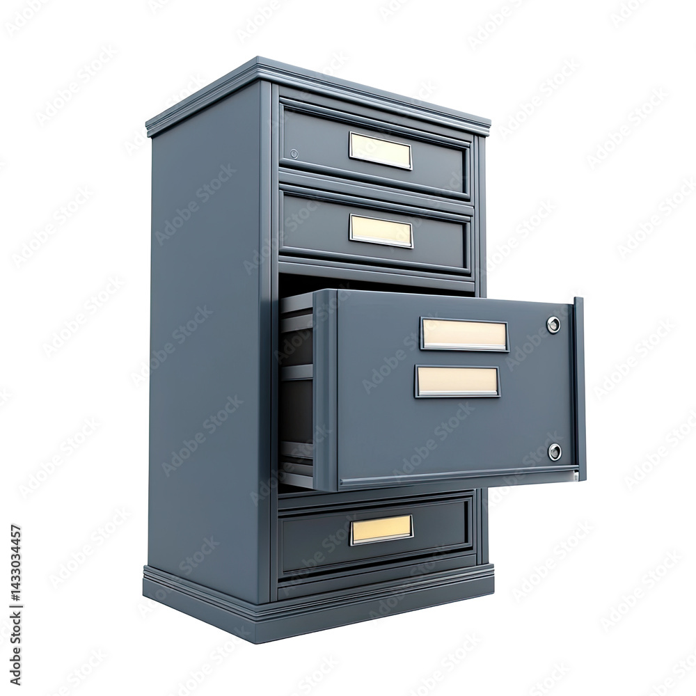 Gray filing cabinet with open drawer Gray filing cabinet with open drawer