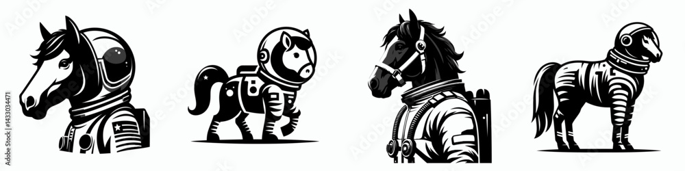 Fototapeta premium Horse in astronaut costume. Animal Space suit universe galaxy cartoon character clipart. Equine wearing spacewalk attire cosmic exploration equestrian art.