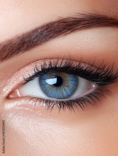 A close-up of a person's eye, featuring vibrant blue and green hues in the iris, long eyelashes, and smooth skin. The detailed focus highlights the natural beauty of the eye, creating an engaging and 
